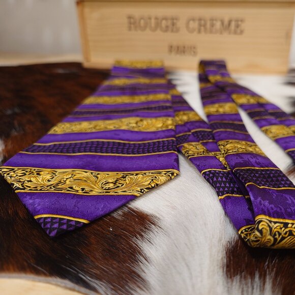 Charleston Purple, Gold and Black Paisley and Geometric Silk Tie - Picture 1 of 4